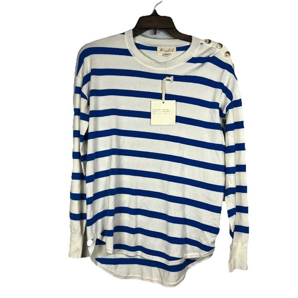 Marled Ivory Drop Shoulder sweater blue white stripes. XS NWT sailor anchor - Picture 1 of 8